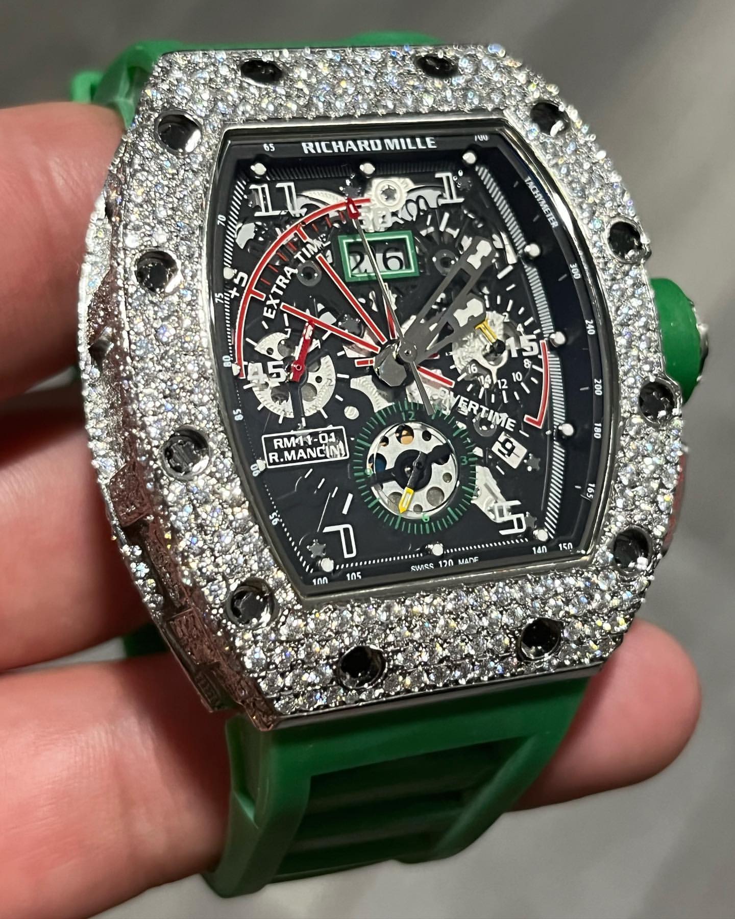 Iced Out VVS Moissanite Diamond Richard Mille Bust Down Luxury Green Band Watch (Pass Diamond Tester)