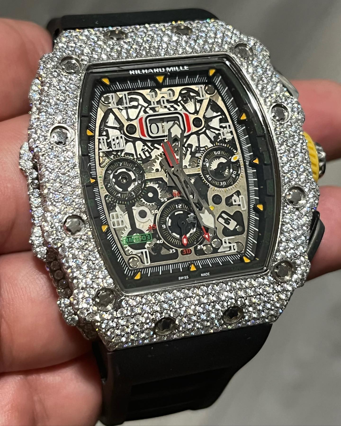 Iced Out VVS Moissanite Diamond Richard Mille Bust Down Luxury Black Band Watch (Pass Diamond Tester)