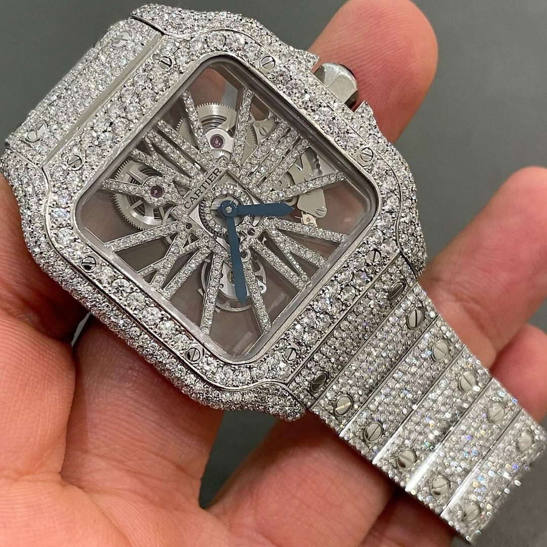 Iced Out VVS Moissanite Diamond Cartier Skeleton Bust Down Luxury Watch (Pass Diamond Tester)