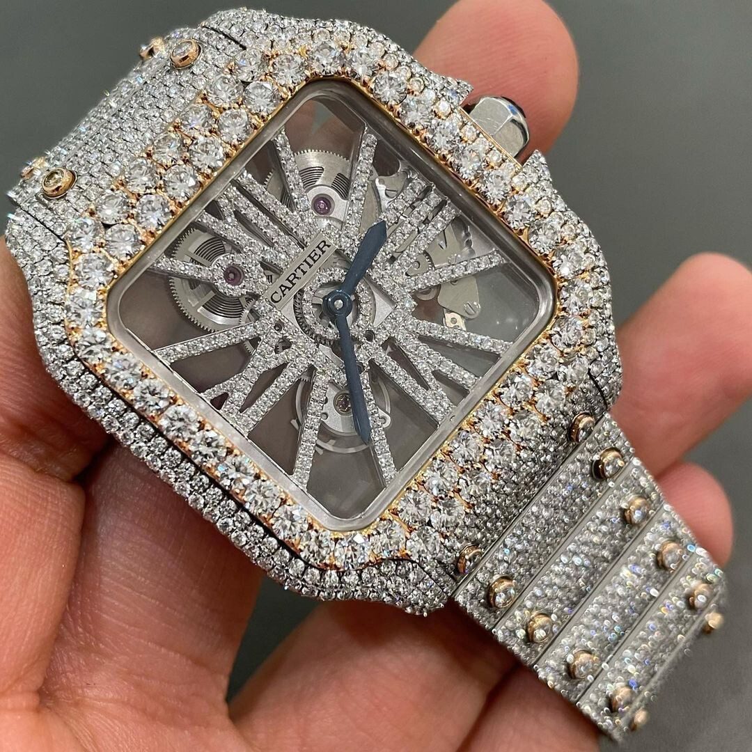 Iced Out VVS Moissanite Diamond Cartier Skeleton Bust Down Luxury Watch (Pass Diamond Tester)